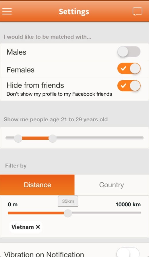 Sau đó, người dùng cần thiết lập tiêu chí tìm bạn, bao gồm giới tính, độ tuổi, khoảng cách (hoặc quốc gia).