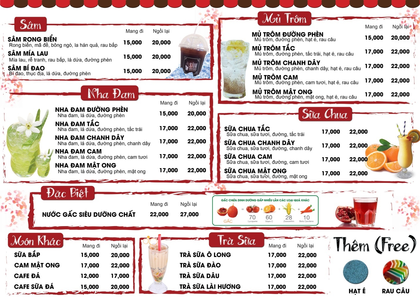 Menu đồ uống với những món tốt cho sức khỏe và giá rất phải chăng.