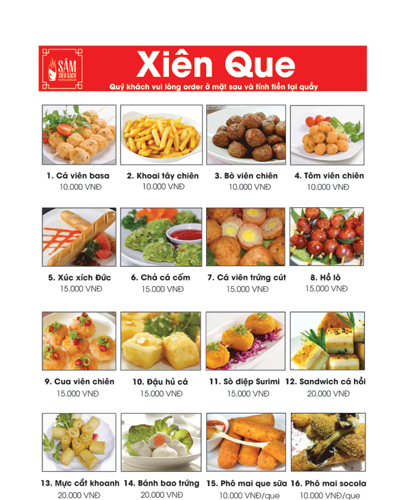 Menu ăn vặt của quán.