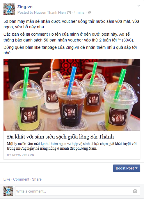Sâm Siêu Sạch tặng những ly sâm miễn phí cho 50 độc giả may mắn. Để nhận quà, độc giả bấm like và để lại comment họ tên bên dưới chia sẻ trên trên fanpage của Zing.vn. Chương trình kéo dài đến hết ngày chủ nhật (29/6).