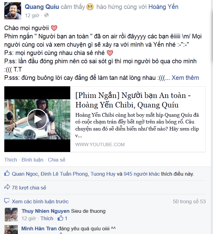 Quang Quíu vui mừng chia sẻ phim ngắn của mình và Hoàng Yến Chibi với bạn bè.