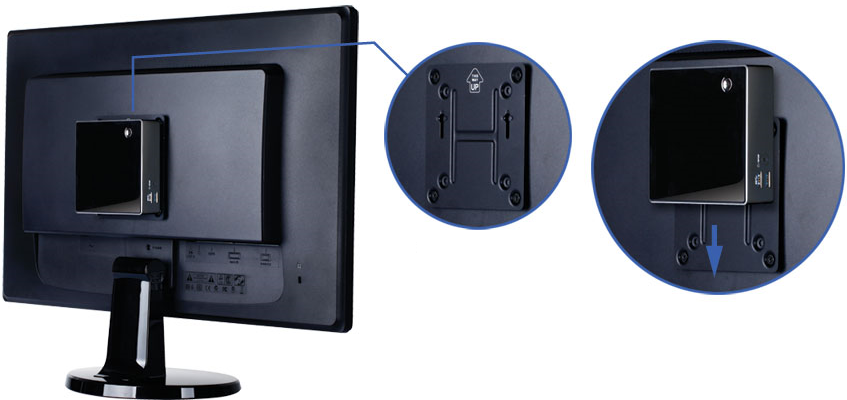 Người dùng có thể bắt gọn Intel N.U.C vào sau lưng màn hình để tiết kiệm không gian trên bàn làm việc.