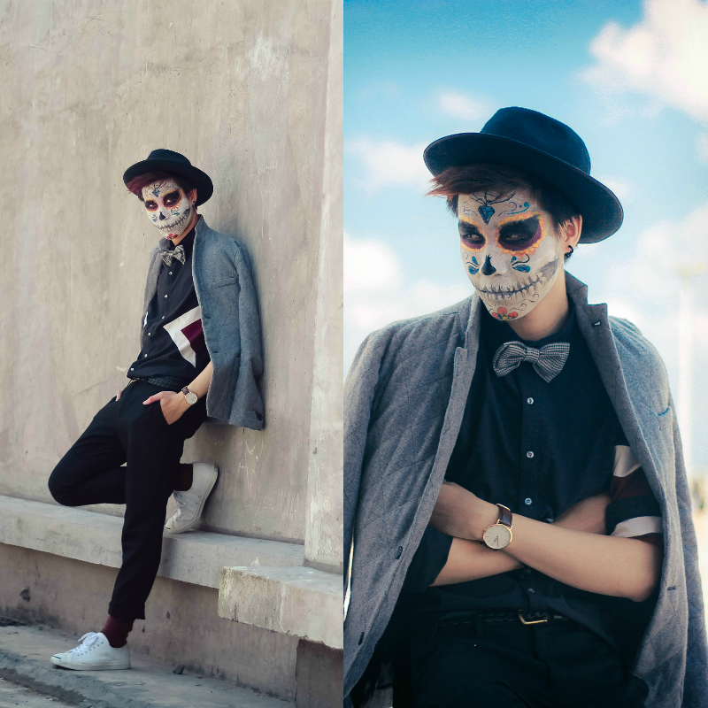    Hoàng Neon vẽ nên chân dung của một chàng “Joker hiện đại” với trang phục đậm chất urban chic và khuôn mặt được tô vẽ theo phong cách Sugar Skull ấn tượng của người Mexico