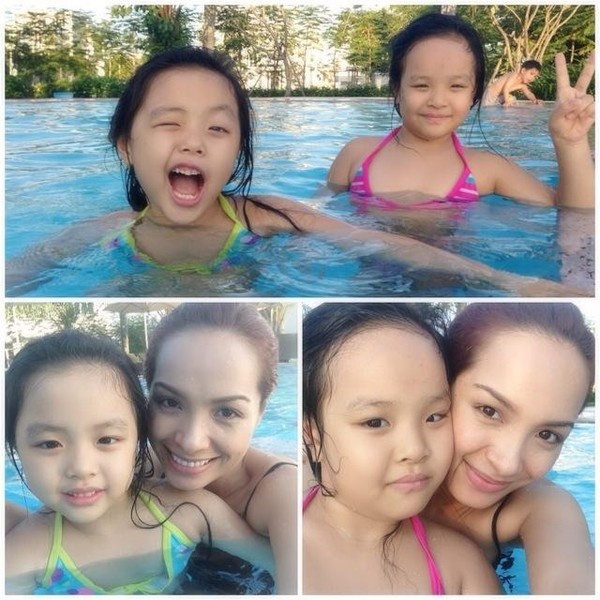 Thường xuyên được đi bơi dịp hè, hai nhóc tì nhà Thúy Hạnh tỏ ra khá mạnh bạo khi xuống nước. 