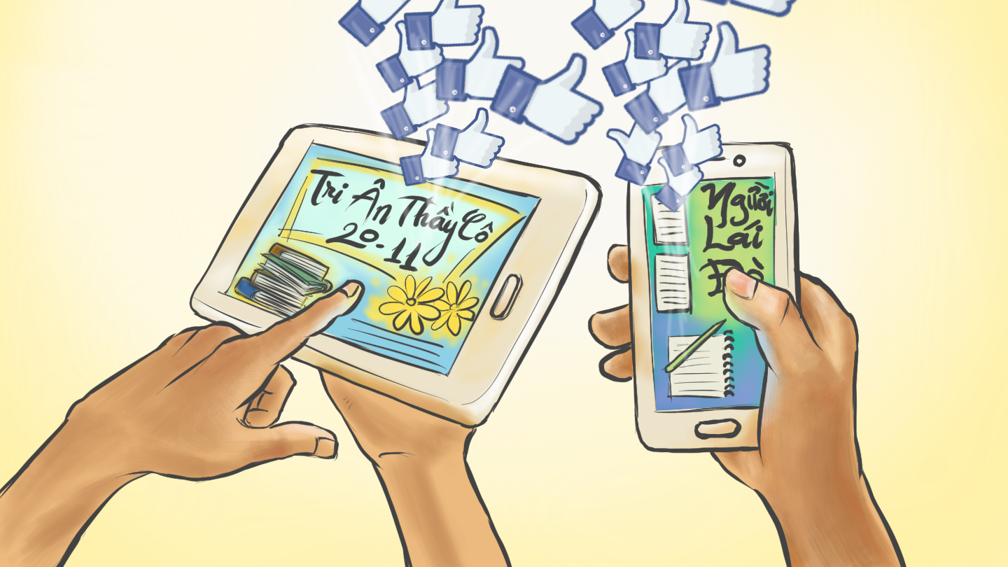    Ngày nay, học trò có những cách thể hiện tình cảm với thầy cô khác biệt hơn. Thay vì cặm cụi viết và vẽ tay, báo tường có thể thực hiện rất gọn nhẹ. Với hàng loạt ứng dụng có sẵn trên điện thoại, họ có thể dễ dàng tạo nên những phiên bản báo sinh động với hình ảnh, âm nhạc và video phong phú, hấp dẫn. 