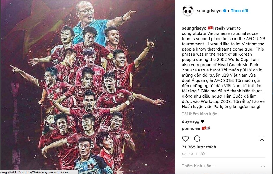 seungri chúc mừng u23 việt nam ảnh 1 seungri chuc mung u23 viet nam anh 1