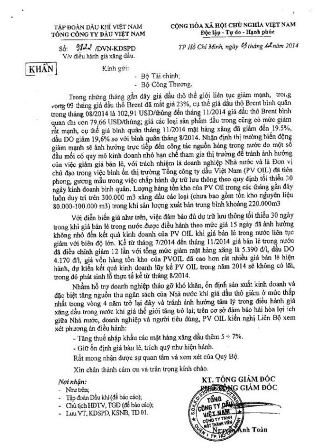 Văn bản đề nghị tăng thuế nhập khẩu xăng dầu của PVOil.