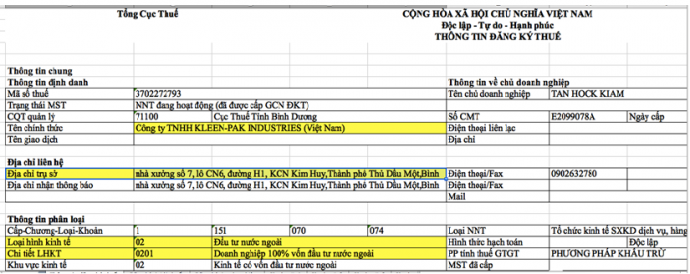 Thông tin đăng ký thuế cho thấy nhà máy Kleen-Pak Industries Việt Nam không liên quan đến Công ty Việt Úc.