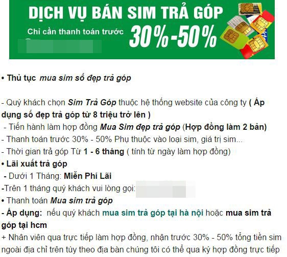Trên mạng xã hội xuất hiện nhiều mẩu tin chào bán sim trả góp với lãi suất thấp. Ảnh: NVCC. 