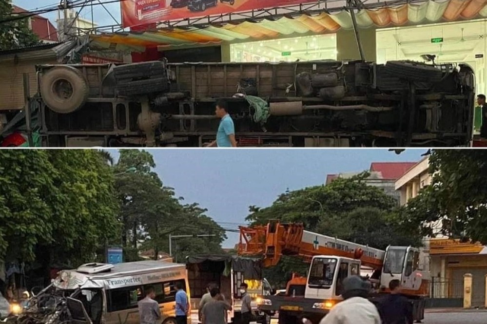 Xe tai lat ngang sau va cham voi oto 16 cho hinh anh