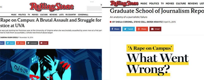 Bài báo đầu tiên gây chấn động của Rolling Stone và bài báo mới công bố ngày 5/4 là bài điều tra độc lập của Trường báo chí thuộc ĐH Columbia nhằm chỉ ra vì sao bài báo đầu tiên sai sót như một cách đính chính và xin lỗi của Rolling Stone - Ảnh chụp lại màn hình.