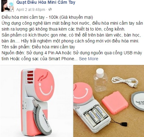 Quảng cáo Quạt điều hòa mini cầm tay tràn lan trên mạng xã hội Facebook.