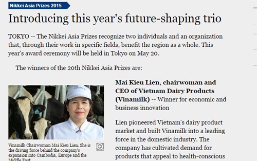 Bài viết giới thiệu về bà Mai Kiều Liên và các thành viên khác được trao giải Nikkei 2015 trên Nikkei Asian Review.