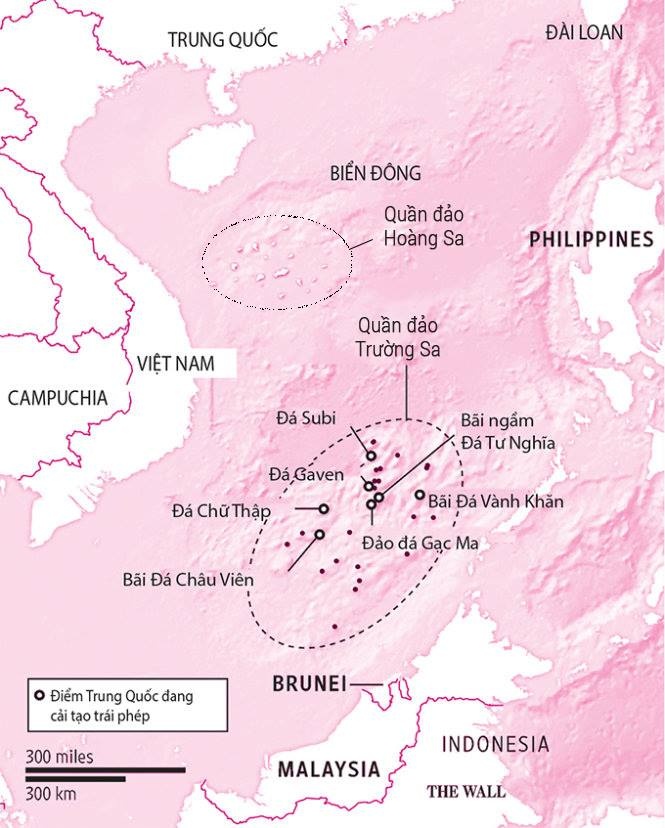 Bản đồ các bãi đá, bãi cạn mà Trung Quốc đang xây dựng, cải tạo trái phép ở quần đảo Trường Sa của Việt Nam.