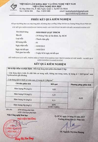Kết quả phân tích của Viện Công nghệ hóa học cho thấy dung dịch chứa trong sản phẩm chặn giấy có các chất độc hại có thể gây tử vong như chì, asen, Cd...