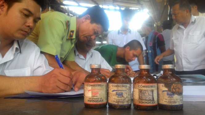 Cơ quan chức năng lập biên bản việc tiêm thuốc vào heo của chủ lò mổ.