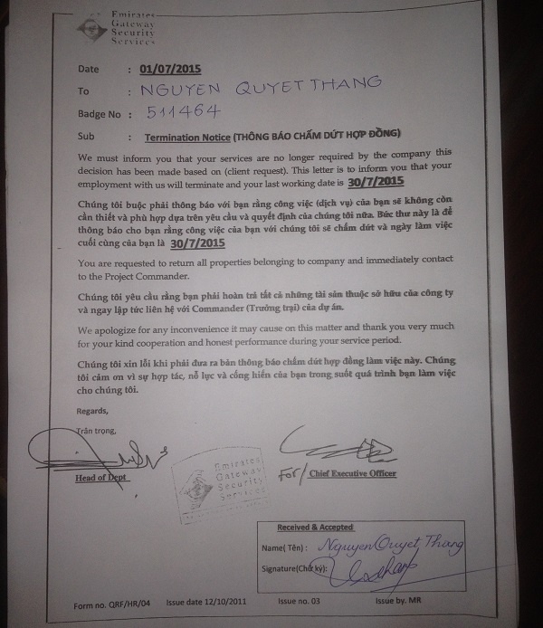 công ty EGSS gửi thông báo cho người lao động đơn phương chấm dứt hợp đồng lao động trước thời hạn. 