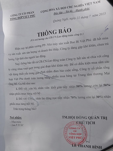 Thông báo giữ lương của Công ty Cổ phần Tổng hợp Việt Phú.