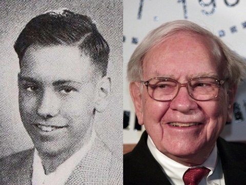 Warren Buffett ngày còn trẻ (trái) và Warren Buffett hiện tại.