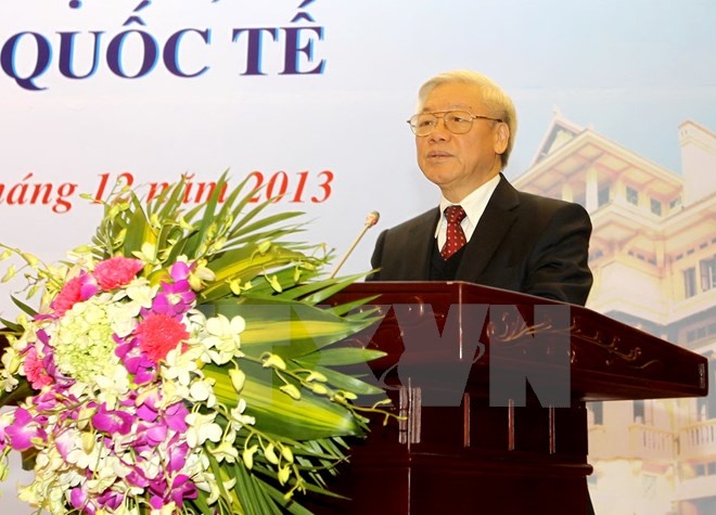 Tổng Bí thư Nguyễn Phú Trọng đến dự và phát biểu chỉ đạo Hội nghị Ngoại giao lần thứ 28, tháng 12/2013. (Ảnh: Trí Dũng/TTXVN).