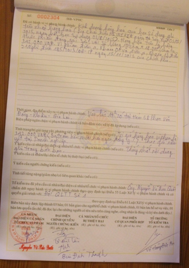 Biên bản xử lý của Chi cục QLTT Gia Lai đối với nhà hàng Thiên Thanh.