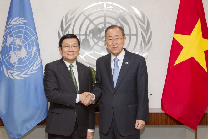 Chủ tịch nước Trương Tấn Sang hội kiến với Tổng Thư ký Liên hợp quốc Ban Ki Moon.