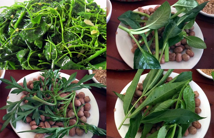 Mỗi suất ăn có rau sống thường được kèm mấy nhánh hoặc lá rau dại như thế này.