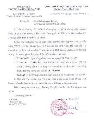Thông báo của Trường đại học Ngoại ngữ Huế.