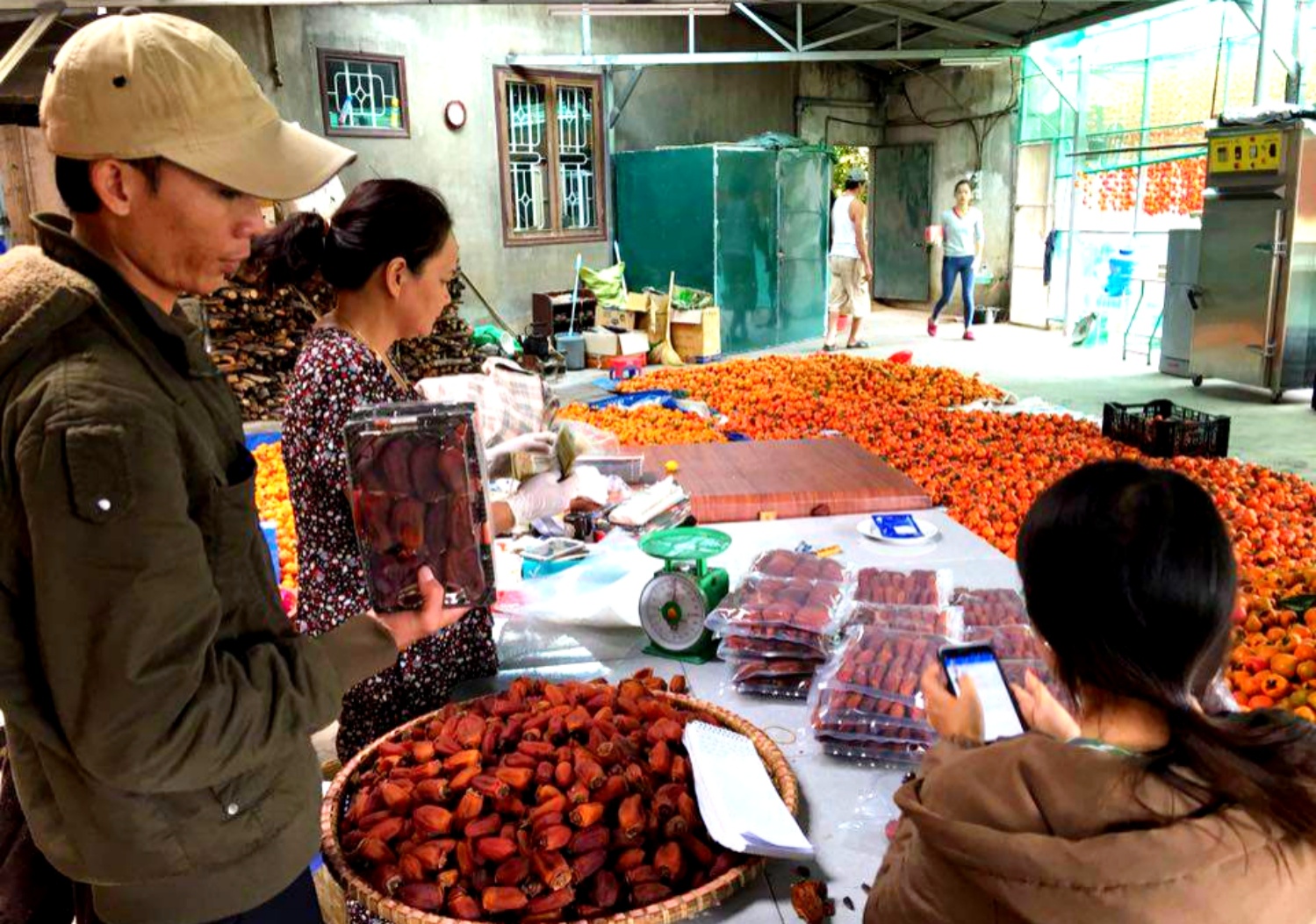 Hằng ngày du khách vấn đến cơ sở sấy hồng của bà Vân tham quan và mua hồng. Ảnh: Thạch Thảo.