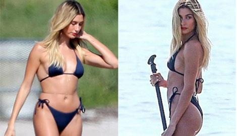 Hailey Bieber chup anh voi mau ao tam nho xiu hinh anh