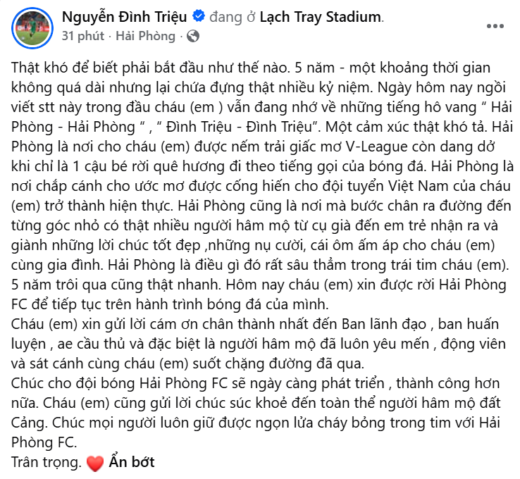 Đ&igrave;nh Triệu rời Hải Ph&ograve;ng ảnh 1