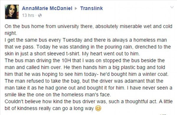 Hành động sẻ chia của tài xế Doyle được nữ sinh kể lại trên Facebook cá nhân