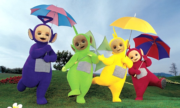 4 nhân vật đáng yêu trong Teletubbies: Tinky Winky (áo tím, nam), Dipsy (áo xanh lá, nam), Laa Laa (màu vàng, nữ) và Po (màu đỏ, nữ).
