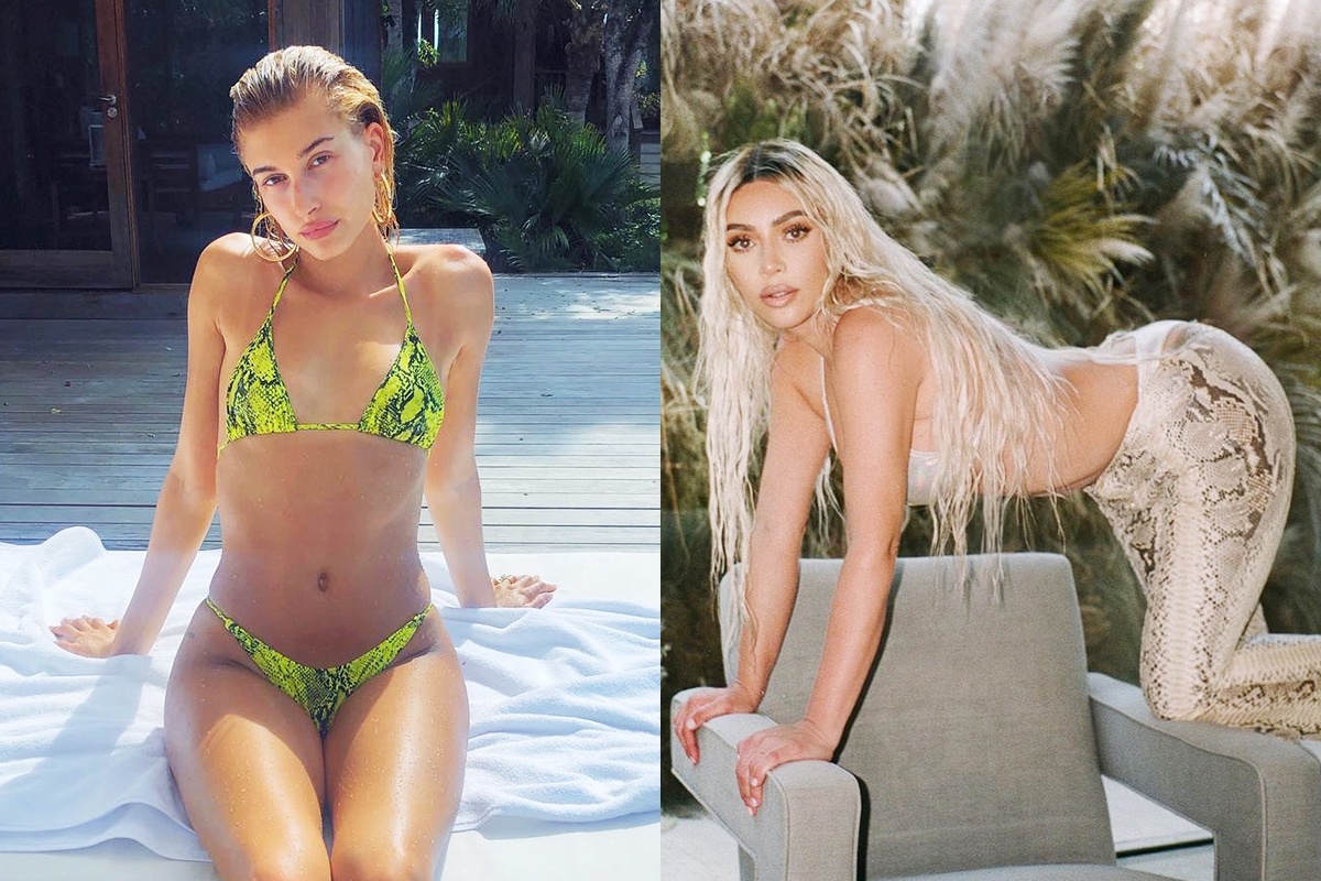 Hailey Bieber, Kim Kardashian chuong vay ao hoa tiet da thu hinh anh