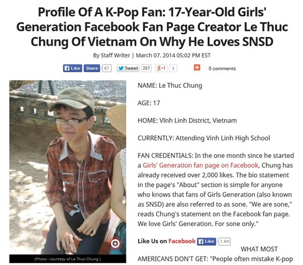 Hình ảnh của một teen-boy Việt Nam xuất hiện trên trang mạng Hàn Quốc