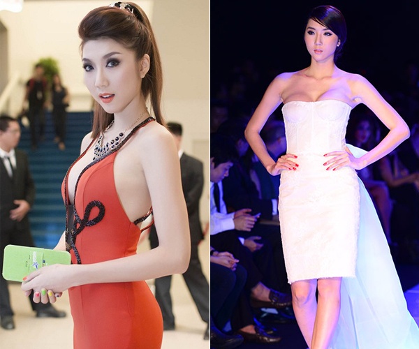 Chân dài Ngọc Quyên thường xuyên giữ vóc dáng thon gọn phục vụ cho công việc người mẫu nhưng riêng với vòng 1 không hề có dấu hiệu giảm kích cỡ. 