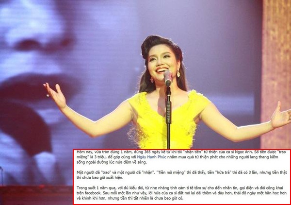 Ngọc Anh – 3 triệu đồng: Cuối năm 2012, một hot blogger đăng tải thông tin nữ ca sĩ Ngọc Anh quỵt tiền làm từ thiện, gây sự chú ý của cư dân mạng. Theo lời tố cáo, blogger này đã đứng ra tổ chức một chương trình từ thiện và được Ngọc Anh hứa ủng hộ số tiền 3 triệu đồng. Thế nhưng 1 năm sau kể từ khi hứa miệng, Ngọc Anh chưa hề gửi tiền dù đã hứa hẹn nhiều lần. 