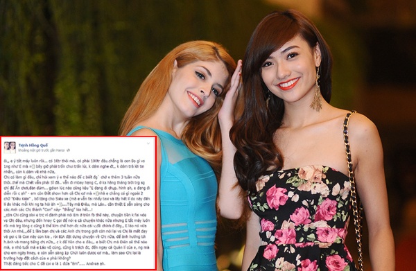 Andrea – 10 triệu đồng: Tình cảm chị em giữa 2 chân dài Hồng Quế và Andrea sứt mẻ vì số tiền 10 triệu đồng mà Hồng Quế tố Andrea vay mà không trả. Trên trang cá nhân năm ngoái, Hồng Quế bất ngờ đăng đàn một status với nội dung Andrea mượn của cô 10 triệu đồng nhưng cố tình tránh mặt không trả. Bên cạnh đó, chân dài xứ Hà thành còn cho biết chính cô em Andrea là người bịa đặt nói xấu cô. 