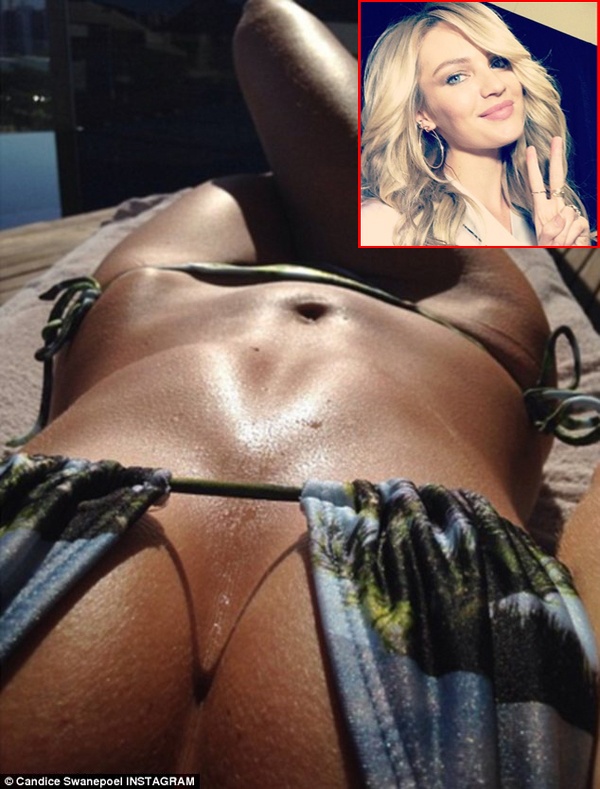 Táo bạo hơn, Candice học tập đàn chị Heidi Klum tung bức ảnh giấu mặt, chụp từ vị trí vòng 1 đổ xuống, bao quát thân hình diện bikini bốc lửa. Bức hình được chụp khi người đẹp đang nằm tắm nắng trong kỳ nghỉ giữa tháng 4 vừa rồi sau tuần lễ thời trang bận rộn Sao Paulo Fashion Week. 