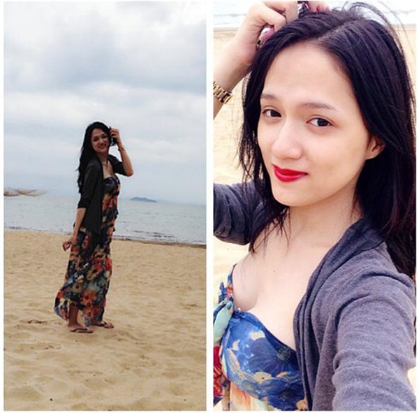 Hương Giang Idol khoe dáng trong bộ váy maxi trên bãi biển ở Quy Nhơn. Nữ ca sĩ chuyển giới khoe vòng 1 bốc lửa khi chụp ảnh “tự sướng”.