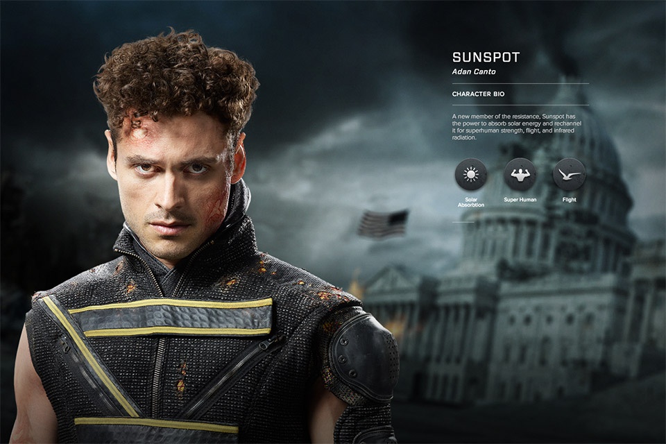 Là một thành viên của lực lượng kháng chiến, Sunspot có khả năng hấp thụ năng lượng mặt trời và phân phối chúng thành siêu năng lực, khả năng bay và bức xạ hồng ngoại.