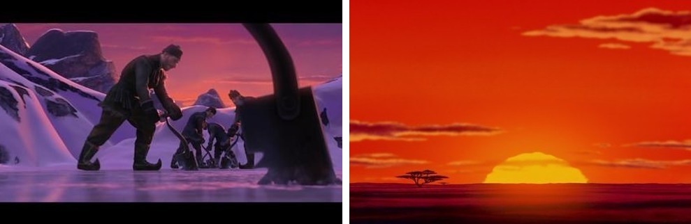 Cả hai đều được mở đầu bằng một khúc hát dân ca. Với Frozen là ca khúc Frozen’s Heart với âm điệu của dân ca Saami. Còn Circle of Life trong The Lion King lại tấu lên âm điệu Zulu của vùng Hawaii.