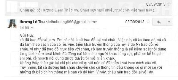 Trước lời tố con gái, bà Thu Hương – mẹ của nữ ca sĩ lên tiếng tố ngược lại H. Bà Thu Hương cho biết, cách làm việc của H thiếu chuyên nghiệp, không được như yêu cầu đã đưa ra nhưng bà vẫn trả số tiền khoảng 5 triệu, tuy nhiên H đòi trả đủ hơn 10 triệu. Khi bà Hương yêu cầu H ký hợp đồng và lấy hóa đơn để quyết toán nhưng H không làm theo. Sau lời giải thích của bà Thu Hương, sự việc từ đó chìm xuống.