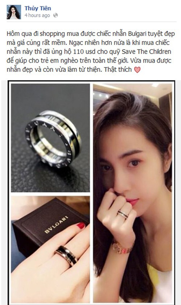 Mới đây nhất, Thủy Tiên chia sẻ bức ảnh vừa sắm được chiếc nhẫn hàng hiệu đắt giá, cô còn ủng hộ thêm <abbr class=
