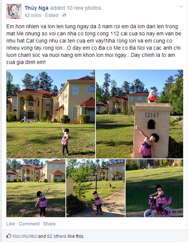 Mới đây danh hài Thúy Nga chia sẻ những hình ảnh cô con gái Nguyệt Cát tại khuôn viên biệt thự  ở Mỹ. Nhân dịp này người hâm mộ mới được chiêm ngưỡng căn biệt thự có tới 112 cửa sổ của Thúy Nga. 