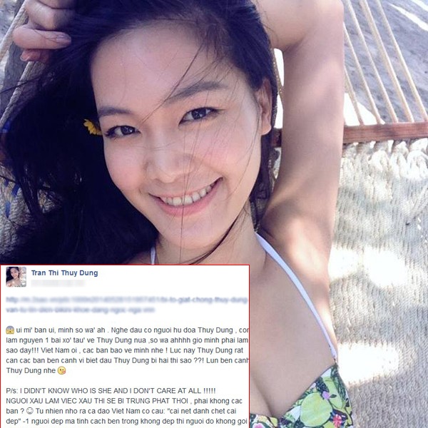 Không lâu sau status của Ngọc Thúy, trong lúc đi nghỉ ở quê nhà Đà Nẵng,Thùy Dung cũng đăng đàn đáp trả với lời lẽ khá bất ngờ và ám chỉ có lẽ cô cũng là người bị hại. Sau đó, Thùy Dung xóa ngay dòng trạng thái. Cô giải thích vì bất ngờ nghe tin Ngọc Thúy nên đã có những lời nói trẻ con. Người đẹp sinh năm 1990 không muốn làm to vụ việc mà muốn để dư luận tự đánh giá.  