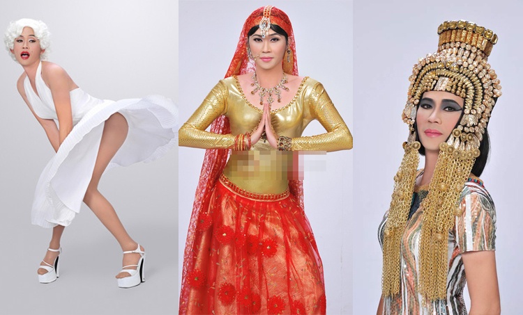 Mỗi lần “hóa gái”, danh hài đều đầu tư khá kỹ về mặt hình ảnh cho tới cử chỉ, điệu bộ. Danh hài đình đám thử sức hóa thân thành các nhân vật nữ nổi tiếng như minh tinh Marilyn Monroe, nữ hoàng Ai Cập Cleopatra hay vũ nữ Ấn Độ trong bộ phim Hello cô Ba.