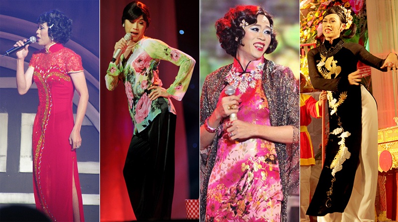 Gương mặt và vóc dáng nhỏ nhắn giúp Hoài Linh thể hiện xuất sắc những vai diễn quý bà đằm thắm trong trang phục áo dài truyền thống hay xường xám.