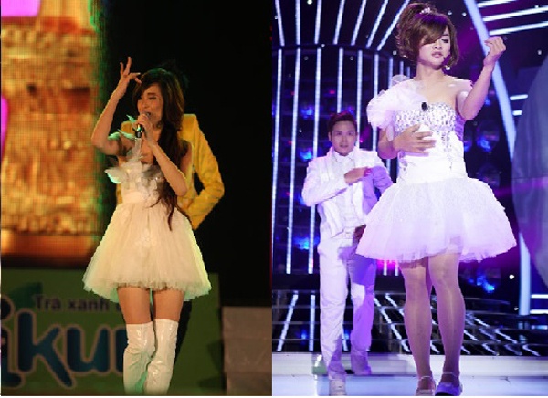 Sang tới liveshow thứ 5, Hoài Lâm chọn ca sĩ Đông Nhi với ca khúc Khóc để thể hiện. Nam ca sĩ trẻ diện váy bồng, uốn tóc khá điệu không kém “bản chính”.