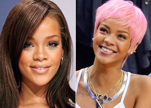 Những ngày mới nổi nhờ hit Umbrella, Rihanna có chiếc mũi khá ngắn và thấp trong khi gương mặt cô khá nhỏ nhắn. Khắc phục nhược điểm này, nữ ca sĩ đã chỉnh sửa nhưng không can thiệp quá nhiều ngoài việc nâng sống mũi và thu gọn cánh mũi.